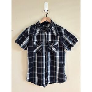 Reclaim Mens Black Blue Plaid Western Short Sleeve Button Down Shirt Size M